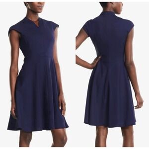 MM LaFleur Ruth Dress Navy Blue Wool Blend Fit Flare Cap Sleeve V-Neck Size 6